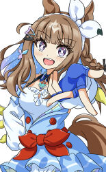  +_+ 1girl absurdres almond_eye_(the_changer)_(umamusume) almond_eye_(umamusume) animal_ears blue_eyes blue_gloves blush bow bow_hairband braid braided_sidelocks breasts brown_hair buttons colored_inner_hair commentary_request detached_sleeves double-breasted dress fingerless_gloves gloves hair_ornament hairband hairclip highres horse_ears horse_girl horse_tail long_hair looking_at_viewer medium_breasts multicolored_hair open_mouth red_bow sidelocks simple_background smile solo symbol-shaped_pupils tail teeth umamusume upper_teeth_only white_background white_hairband x-shaped_pupils ziromaru765 