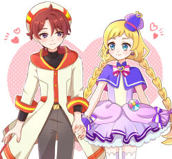  1boy 1girl anime_coloring aqua_bag asako_(puiu9k) bag bag_bow belt belt_buckle beret black_belt black_shirt blonde_hair blue_eyes bow bow_earrings bowtie braid brooch buckle capelet closed_mouth coat collared_capelet commentary_request copyright_notice couple covered_collarbone cowboy_shot cure_friendy deerstalker dot_nose dress dress_bow earrings eyelashes frilled_wrist_cuffs frills gold_buckle grey_pants hair_between_eyes hair_bow hairband happy hat hat_ornament heart heart_background heart_brooch heart_hat_ornament hetero highres hood hood_down hooded_coat inukai_iroha jewelry lace-trimmed_headwear lace_trim layered_sleeves light_blush long_hair long_sleeves looking_at_another low_twin_braids magical_boy magical_girl mini_hat multicolored_bow orange_hood outline pants petticoat pink_bow pink_bowtie pleated_dress polka_dot polka_dot_background precure purple_bow purple_capelet purple_dress purple_hairband purple_hat purple_wrist_cuffs red_hair shirt short_dress short_hair single_stripe sleeve_cuffs smile standing striped_bow striped_bowtie striped_clothes tareme thigh-highs toyama_satoru_(magical_boy) tsurime turtleneck turtleneck_shirt twin_braids very_long_hair violet_eyes waist_bag white_background white_coat white_hat white_outline white_thighhighs wonderful_precure! wrist_cuffs zettai_ryouiki 