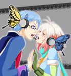  1girl blue_eyes blue_hair butterfly butterfly_hair_ornament glasses gradient_hair grey_background hair_ornament headphones hubert_ozwell magnet_(vocaloid) multicolored_hair mumiriko pascal red_hair redhead tales_of_(series) tales_of_graces two-tone_hair vocaloid white_hair yellow_eyes 