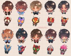  6+boys animal_ears animification ankh_(ooo) arcle_(kuuga) artist_name banjou_ryuuga black_hair blue_eyes braid brown_hair build_driver ceii_(ceiikachu) character_request chibi chocolate coat commentary compound_eyes curtained_hair dragon_horns english_commentary eyewear_hang fang fullbottle gamer_driver grid_background hand_on_own_chest hand_up hands_up heterochromia hino_eiji hood hoodie horns houjou_emu in-franchise_crossover inoue_shouma jacket jewelry kamen_rider kamen_rider_blade kamen_rider_blade_(series) kamen_rider_build kamen_rider_build_(series) kamen_rider_cross-z kamen_rider_den-o kamen_rider_den-o_(series) kamen_rider_ex-aid kamen_rider_ex-aid_(series) kamen_rider_gavv kamen_rider_gavv_(series) kamen_rider_kuuga kamen_rider_kuuga_(series) kamen_rider_ooo kamen_rider_ooo_(series) kamen_rider_ooo_(tatoba_combo) kamen_rider_valen l_hand lab_coat layered_clothes long_sleeves looking_at_viewer mole mole_under_eye multiple_boys necklace ooo_driver open_clothes open_coat open_jacket open_mouth pink_hair rabbit_ears red_eyes rider_belt rider_gashat shirt short_hair smile sparkle stethoscope_around_neck thumbs_up tokusatsu twitter_username underwear unworn_eyewear v watermark white_coat white_shirt yellow_shirt 