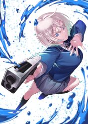  1girl absurdres aiming black_socks blonde_hair blue_eyes blue_jacket breasts colored_eyelashes commentary_request frown full_body grey_skirt gun handgun highres holding holding_gun holding_weapon izumida_fuyuki jacket kneehighs large_breasts madara_rumble miniskirt official_art pleated_skirt school_uniform serious skirt socks solo subaru_reo textless_cover_page v-shaped_eyebrows weapon 
