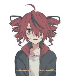  1girl ahoge black_jacket black_streaks closed_mouth drill_hair hair_over_one_eye high_collar jacket kasane_teto looking_at_viewer lutra11_11 multicolored_hair red_eyes red_hair shirt short_hair simple_background solo streaked_hair sweatdrop twin_drills upper_body utau white_background white_shirt 