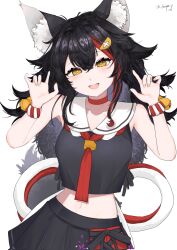  1girl :d \m/ animal_ear_fluff animal_ears artist_name bell black_hair black_serafuku black_skirt breasts bright_pupils choker commentary corrupted_twitter_file cowboy_shot cropped_shirt cross-laced_slit dated dot_nose double-parted_bangs double_\m/ fangs flipped_hair floral_print hair_between_eyes hands_up head_tilt highres hololive jingle_bell kouhaku_nawa long_hair looking_at_viewer loose_hair_strand medium_breasts midriff miniskirt multicolored_hair navel neckerchief ookami_mio ookami_mio_(1st_costume) pleated_skirt red_choker red_neckerchief red_streaks rope sailor_collar school_uniform serafuku shimenawa shirt sidelocks signature simple_background skirt sleeveless sleeveless_shirt smile solo streaked_hair tail twitter_username two-tone_hair untranslatable_commentary urplep36568 virtual_youtuber white_background white_pupils white_sailor_collar wolf_ears wolf_girl wolf_tail wristband yellow_eyes 