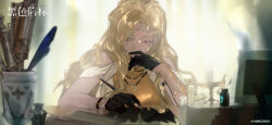  1girl ariadne_(black_beacon) bare_shoulders black_beacon black_gloves blonde_hair blurry blurry_background copyright_name copyright_notice gloves hand_on_own_chin highres holding holding_pen inkwell logo long_hair looking_down official_art official_wallpaper pen shirt solo upper_body yellow_eyes yellow_shirt 