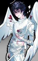  1boy alien_stage angel angel_wings apple black_background black_eyes black_hair bug centipede closed_mouth clothing_cutout commentary english_commentary fang fang_out flower-shaped_pupils food fruit halo highres hip_vent holding holding_plate ivan_(alien_stage) lilbpeach male_focus official_alternate_costume pants plate shirt short_hair solo symbol-shaped_pupils white_apple white_pants white_shirt white_wings wings 