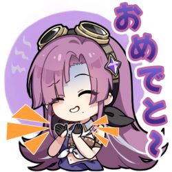  1girl bandeau black_gloves brown_bandeau clapping collared_shirt commentary congratulations curtained_hair false_smile gloves goggles goggles_on_head half_gloves long_hair lowres multicolored_hair neuvira_(stella_sora) notice_lines official_art purple_hair shirt simple_background smile solo stella_sora sticker_(medium) streaked_hair tied_shirt transparent_background turn_pale white_shirt white_streaks 