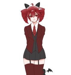  1girl ahoge arm_behind_back black_skirt black_vest closed_mouth dirtydanreborn drill_hair foot_out_of_frame hair_between_eyes high_collar highres infinity_symbol kasane_teto lapels looking_at_viewer miniskirt necktie pleated_skirt red_eyes red_hair red_necktie red_suit red_thighhighs shirt short_hair sidelocks simple_background skirt solo suit thigh-highs thigh_strap twin_drills utau vest white_background white_shirt zettai_ryouiki 