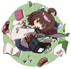  1girl backpack bag blue_skirt book brown_eyes brown_hair chibi commentary_request datemegane eraser food full_body grey_kimono headgear japanese_clothes kimono looking_at_viewer looking_back nintendo_switch open_book open_mouth paper pencil pencil_case randoseru red_shoes shoes short_hair short_kimono skirt smile sneakers socks solo test_score touhoku_kiritan voiceroid white_socks zunda_mochi 