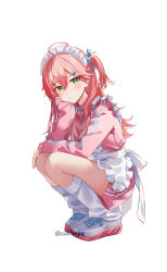  1girl absurdres ahoge apron blue_bow bow commentary double-parted_bangs english_commentary frilled_apron frills full_body green_eyes hair_bow hair_ornament hairclip hand_on_own_cheek hand_on_own_face hand_up highres hololive jacket jersey_maid leg_warmers long_hair looking_at_viewer maid maid_apron maid_headdress one_side_up pink_hair pink_jacket sakura_miko shoes simple_background sneakers solo squatting track_jacket unconventional_maid virtual_youtuber white_apron white_background white_leg_warmers white_shoes zakimpo 