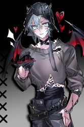  1boy alien_stage aqua_eyes belt black_belt black_pants black_veil black_wings commentary demon_boy demon_horns demon_wings english_commentary finger_cots grey_hair grey_sweater heart heart_(organ) highres holding holding_plate horns lilbpeach male_focus official_alternate_costume pants parted_lips plate red_wings solo sweater till_(alien_stage) torn_clothes torn_sweater two-tone_wings veil wings 