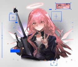  1girl absurdres arknights black_jacket chinese_commentary closed_mouth commentary_request detached_wings grey_background gun halo hand_up highres holding holding_gun holding_weapon jacket lemuen_(arknights) long_hair long_sleeves looking_at_viewer pink_eyes pink_hair rifle shuimian_beijixing smile sniper_rifle solo traditional_halo upper_body w weapon white_halo wings 
