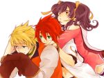  2boys anise_tatlin black_hair blonde_hair blue_eyes choker gloves green_eyes guy_cecil hug hug_from_behind kira_(abyss) luke_fon_fabre multiple_boys red_hair redhead smile tales_of_(series) tales_of_the_abyss twintails white_background yellow_eyes 