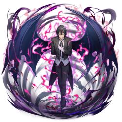  1boy artist_request aura black_hair black_jacket black_pants black_ribbon black_sclera black_shoes blue_wings butler butler_bowing closed_mouth colored_sclera dark_aura demon_boy demon_wings diablo_(tensura) dust_cloud full_body game_asset glove_pull gloves grand_summoners hands_up jacket long_sleeves looking_at_viewer male_focus multicolored_hair neck_ribbon official_art pants red_hair ribbon shoes short_hair simple_background solo standing streaked_hair tensei_shitara_slime_datta_ken torn_wings transparent_background two-tone_hair white_gloves wings yellow_eyes 