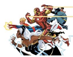  3boys 3girls artist_collaboration avengers_(series) beast_(x-men) black_hair blonde_hair captain_marvel_(carol_danvers) character_request commentary dark-skinned_female dark_skin electricity electrokinesis english_commentary from_side highres insect_wings iron_man long_hair marvel mini_person minigirl multiple_boys multiple_girls rachel_dodson short_hair simple_background storm_(x-men) superhero_costume terry_dodson very_dark_skin wasp_(marvel) white_background white_hair wings x-men 