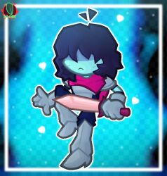  1other 2026 2d :< ahoge ambiguous_gender armor armored_boots artist_logo artist_name black_background blue_hair blue_skin blurry blurry_background bodysuit boots checkered_background colored_skin commentary deltarune digital_media english_commentary english_text full_body gauntlets hair_over_eyes heart holding holding_sword holding_weapon human inset_border kris_(dark_world)_(deltarune) kris_(deltarune) other_focus outline scarf short_hair skwarixx solo standing standing_on_one_leg sword utdr_(toby_fox) weapon white_outline 