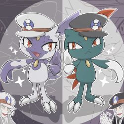  2boys 2others :< clapping claws commentary_request emmet_(pokemon) eyelashes grey_hat hat highres hisuian_sneasel ingo_(pokemon) looking_at_viewer multiple_boys multiple_others peaked_cap pokemon pokemon_(creature) pokemon_black_and_white red_eyes runachikku sneasel 