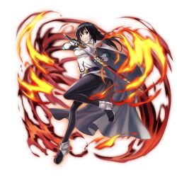  1girl aqua_trim artist_request belt black_hair black_pants black_shirt black_shoes breasts brown_eyes cloak closed_mouth elbow_gloves fire game_asset gloves grand_summoners hair_between_eyes hand_on_own_chest hand_on_own_hip holding holding_sheath holding_sword holding_weapon impossible_clothes impossible_shirt izawa_shizue large_breasts leg_up long_hair long_sleeves looking_at_viewer messy_hair miniskirt multicolored_shoes official_art pants purple_belt scabbard sheath shirt shoes short_sleeves simple_background skirt smile solo standing sword tensei_shitara_slime_datta_ken transparent_background two-tone_shoes unsheathing weapon white_cloak white_gloves white_shirt white_shoes white_skirt 
