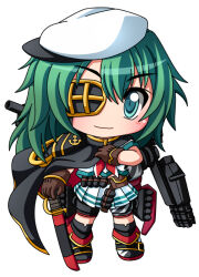  1girl black_boots black_cape blue_eyes blush boots brown_gloves cape chibi chibi_only closed_mouth commentary_request double-parted_bangs double_horizontal_stripe eyepatch full_body gloves green_hair hair_between_eyes hat holding holding_sword holding_weapon kantai_collection kiso_(kancolle) kiso_kai_ni_(kancolle) long_hair looking_at_viewer neckerchief pleated_skirt red_neckerchief school_uniform serafuku shinjitsu shirt short_sleeves simple_background skirt smile solo standing sword weapon white_background white_hat white_shirt white_skirt 