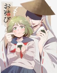  1boy 1girl ajirogasa black_lips blue_serafuku blush commentary_request earrings food food_on_face green_eyes green_hair grey_hair hat hinako_(omusubi) issa_(omusubi) japanese_clothes jewelry kariginu long_hair omusubi_(game) onigiri ponytail rice rice_on_face school_uniform serafuku shamoshamo1211 short_hair skirt smile tassel tassel_earrings 