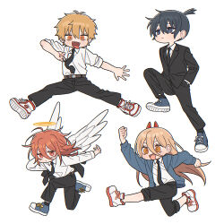  1girl 3boys angel_devil_(chainsaw_man) angel_wings black_jacket black_necktie black_pants black_suit blue_shoes blush brown_eyes chainsaw_man commentary deformed denji_(chainsaw_man) dress_shirt earrings english_commentary full_body hair_between_eyes halo happy hayakawa_aki highres hn_(artist) horns jacket jewelry jumping long_hair looking_at_viewer multiple_boys necktie orange_hair pants power_(chainsaw_man) pull_cord red_horns sharp_teeth shirt shirt_tucked_in shoes short_hair simple_background sleeves_rolled_up smile suit suit_jacket teeth tongue tongue_out topknot traditional_halo white_background white_shirt white_shoes wings 