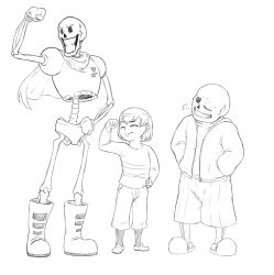  1other 2018 2boys 2d ambiguous_gender armor boots brothers cape child clenched_hand commentary digital_media double_horizontal_stripe english_commentary eternalemblem flexing frisk_(undertale) full_body gloves hand_on_own_hip hands_in_pockets height_difference hollow_eyes hood hood_down hooded_jacket horizontal-striped_clothes human humanoid jacket long_sleeves male mimicking monochrome monster monster_boy multiple_boys one_eye_closed open_clothes open_jacket pants pantyhose pantyhose_under_pants papyrus_(undertale) puff_of_air sans_(undertale) shirt shoes short_hair shorts siblings simple_background single_vertical_stripe skeleton slippers socks standing striped_clothes striped_shirt striped_shorts teeth trio undead undertale utdr_(toby_fox) vertical-striped_clothes vertical-striped_shorts white_background 