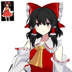 1girl ascot black_eyes black_hair bow closed_mouth commentary dairi detached_sleeves frilled_bow frilled_hair_tubes frills hair_bow hair_tubes hakurei_reimu long_hair looking_at_viewer red_bow reference_inset ribbon-trimmed_sleeves ribbon_trim simple_background smile solo touhou upper_body white_background yellow_ascot zi_ziyuan_zuhsjsh 