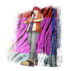  1boy artist_request brown_eyes closed_mouth dandadan earrings enjoji_jin full_body game_asset grand_summoners grey_pants jacket jewelry long_sleeves male_focus official_alternate_costume official_art open_clothes open_jacket orange_jacket own_hands_together pants purple_shirt red_hair shirt short_hair simple_background solo standing third-party_source transparent_background 