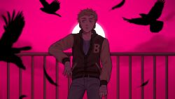  1boy against_railing backlighting bandaged_hand bandages belt bird blonde_hair brown_jacket cigarette clouds commentary commentary_request cowboy_shot crow denim falling_feathers feathers flock highres holding holding_cigarette hotline_miami id_kaeta jacket jacket_(hotline_miami) jeans letterman_jacket male_focus moon outdoors pants parted_lips pink_sky railing short_hair sky solo sun 