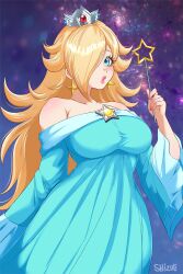  1girl alternate_breast_size_(larger) aqua_dress bare_shoulders blonde_hair blue_eyes breasts brooch commentary crown dress earrings english_commentary hair_over_one_eye highres holding holding_wand jewelry large_breasts lips long_hair long_sleeves off-shoulder_dress off_shoulder puckered_lips rosalina shishichuu silver_crown solo star_(symbol) star_brooch star_earrings star_wand super_mario_bros. wand wide_sleeves 