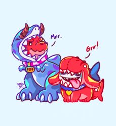  2boys absurdres artist_name character_name closed_mouth cosplay devil_dinosaur devil_dinosaur_(cosplay) devil_dinosaur_(jeff_the_dinosaur) dinosaur dinosaur_tail english_commentary english_text fins fish_tail hanjosi highres horns jeff_the_land_shark jeff_the_land_shark_(devil_landshark) jeff_the_landshark jeff_the_landshark_(cosplay) marvel marvel_rivals moon_girl_and_devil_dinosaur multiple_boys open_mouth shark shark_tail smile tail tongue tongue_out 