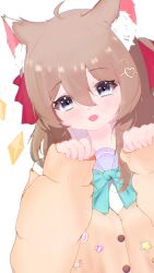  1girl absurdres ahoge animal_ear_fluff animal_ears aqua_bow aqua_bowtie blue_eyes blue_sailor_collar bow bowtie brown_hair cardigan cat_ears commentary from_side hair_between_eyes hair_ornament hair_ribbon hands_up heart heart_hair_ornament highres long_hair long_sleeves neuro-sama neuro-sama_(1st_costume) red_ribbon reims_dts5071 ribbon sailor_collar simple_background solo two_side_up upper_body vedal_ai white_background yellow_cardigan 
