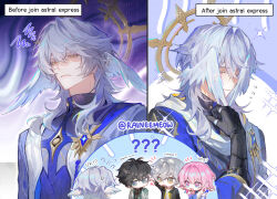  1girl 4boys ? ?? arm_up armor arrow_(symbol) artist_name bishie_sparkle black_choker black_gloves black_hair black_jacket black_shirt blue_jacket caelus_(honkai:_star_rail) choker clenched_hand closed_mouth commentary constellation_print covering_face dan_heng_(honkai:_star_rail) dan_heng_(hunt)_(honkai:_star_rail) dual_persona earrings english_commentary english_text eyeliner feathered_wings flying_sweatdrops gloves gold_earrings grey_hair hair_between_eyes halo halo_behind_head hand_on_own_chest head_wings highres honkai:_star_rail honkai_(series) hood hooded_jacket jacket jewelry long_sleeves looking_at_another looking_at_viewer makeup male_focus march_7th_(honkai:_star_rail) march_7th_(preservation)_(honkai:_star_rail) multicolored_eyes multicolored_jacket multiple_boys multiple_rings no_mouth notice_lines official_alternate_costume open_clothes open_jacket open_mouth open_vest piercing pink_eyes pink_hair pointing pointing_at_another puffy_long_sleeves puffy_sleeves purple_shirt raineemeow red_eyeliner ring shaded_face shirt short_hair shoulder_armor shy sidelocks single_earring smile sparkle squiggle sunday_(honkai:_star_rail) sunday_(sacerdos'_relived_ordeal)_(honkai:_star_rail) t-shirt tassel tongue tongue_out trailblazer_(honkai:_star_rail) turtleneck turtleneck_shirt two-tone_jacket upper_body vest wavy_hair white_jacket white_shirt white_vest wing_piercing wings yellow_eyes 