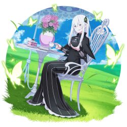  1girl black_capelet black_dress breasts brown_eyes bug butterfly butterfly_hair_ornament capelet colored_eyelashes dress echidna_(re:zero) floating_hair full_body game_asset glowing_butterfly grand_summoners hair_between_eyes hair_ornament long_dress long_hair long_sleeves looking_at_viewer magic magic_circle medium_breasts official_art open_mouth outstretched_arms re:zero_kara_hajimeru_isekai_seikatsu simple_background solo standing striped_clothes striped_dress vertical-striped_clothes vertical-striped_dress very_long_hair white_background white_hair 