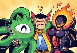  2boys ^_^ alcohol armor beard belt black_hair blush bottle brown_belt cape closed_eyes crossover doctor_strange dormammu drunk facial_hair fire highres holding holding_bottle male_focus marvel marvel_vs._capcom marvel_vs._capcom_3 monster multicolored_hair multiple_boys mustache one-eyed rariatto_(ganguri) red_cape shirt short_hair shuma_gorath squiggle sweatdrop tentacles two-tone_hair upper_body white_hair wine_bottle yellow_background 