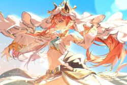  1girl aqua_eyes artist_name back_bow bare_shoulders black_bow blue_bow blue_gem blue_sky bow breasts circlet closed_mouth commentary cowboy_shot crop_top day detached_sleeves fake_horns floating_clothes floating_hair gem genshin_impact gold_trim hair_between_eyes hand_up harem_outfit horns jewelry kisaragi_byakko large_bow long_hair long_sleeves looking_to_the_side low_twintails medium_breasts midriff navel neck_ring nilou_(genshin_impact) outdoors pendant puffy_detached_sleeves puffy_long_sleeves puffy_sleeves red_hair sidelocks skirt sky smile solo sparkle standing tank_top twintails veil very_long_hair white_skirt white_sleeves white_tank_top white_veil 