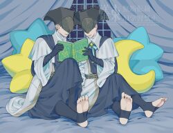  2others :d arizuka_(catacombe) black_dress black_gloves black_hat bloodborne book character_request cloak commentary_request curtains dress elbow_gloves gloves grey_ribbon hat highres indoors moon-shaped_pillow multiple_others neck_ribbon night open_book open_mouth reading ribbon short_hair smile star-shaped_pillow toeless_legwear watermark white_cloak wide_sleeves window 