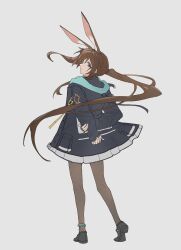  1girl absurdres amiya_(arknights) animal_ears arknights black_jacket black_shoes blue_eyes brown_hair chinese_commentary closed_mouth commentary_request floating_hair from_behind full_body grey_background hair_between_eyes hand_on_own_arm highres hood hooded_jacket jacket jewelry long_hair long_sleeves looking_at_viewer looking_back multiple_rings n409311321 pantyhose ponytail rabbit_ears rabbit_girl ring ring_on_every_finger shoe_soles shoes simple_background skirt solo standing 