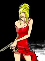  bare_shoulders blonde_hair dress earrings female final_fantasy final_fantasy_vii gun hair_over_one_eye long_hair mameko_(pixiv308667) red_dress scarlet_(ff7) solo 