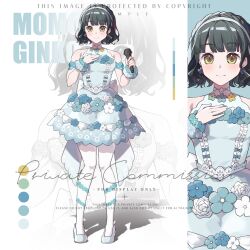  1girl armpit_crease bare_shoulders black_hair blue_dress blue_shoes blunt_bangs closed_mouth dress full_body hand_on_own_chest high_heels highres holding holding_microphone ima_kako_mirai_no_sangenshoku looking_at_viewer love_live! love_live!_hasu_no_sora_jogakuin_school_idol_club microphone momose_ginko pantyhose ruoguiling sample_watermark shoes short_hair sleeveless sleeveless_dress smile solo standing straight-on virtual_youtuber watermark wavy_hair white_pantyhose yellow_eyes zoom_layer 