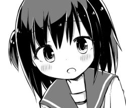  1girl amakaze_sora blush greyscale looking_at_viewer lowres monochrome one_side_up open_mouth original portrait sailor_collar school_uniform serafuku shirt simple_background solo white_background 
