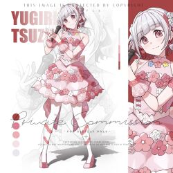  1girl armpit_crease bare_shoulders closed_mouth color_guide colored_inner_hair dress flower-shaped_hair full_body grey_hair highres holding holding_microphone ima_kako_mirai_no_sangenshoku looking_at_viewer love_live! love_live!_hasu_no_sora_jogakuin_school_idol_club microphone multicolored_hair pantyhose red_dress red_eyes red_hair red_streaks ruoguiling sample_watermark smile solo standing streaked_hair virtual_youtuber watermark white_pantyhose yugiri_tsuzuri zoom_layer 