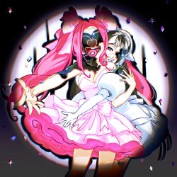  2girls alien_stage aster1e bandana black_hair bow dress elbow_gloves gloves hair_between_eyes highres long_hair looking_at_viewer mizi_(alien_stage) mizi_(zombie_stage) multiple_girls off-shoulder_dress off_shoulder open_mouth pink_bow pink_dress pink_hair smile sua_(alien_stage) sua_(zombie_stage) twintails violet_eyes white_bandana white_dress white_gloves zombie_stage 