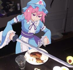  1girl absurdres blue_hat blue_kimono breasts closed_mouth commentary cup drinking_glass food fork frilled_kimono frills hat highres holding holding_fork holding_sword holding_weapon japanese_clothes katana kimono long_sleeves medium_breasts medium_hair mob_cap neck_ribbon photo_background pink_eyes pink_hair plate purple_ribbon ribbon saigyouji_yuyuko sleeve_garter smile solo sword toogeruu touhou triangular_headpiece weapon wide_sleeves 