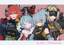  2others 4girls absurdres ahoge asymmetrical_gloves bare_shoulders black_gloves black_hat black_horns blindfold_mask blonde_hair blue_hair blush breasts closed_eyes commentary_request covered_eyes curled_horns dragon_girl dragon_horns dress elbow_gloves fingerless_gloves flower_hairpin gloves goggles green_eyes hair_between_eyes hair_ornament hairclip hat highres horns large_breasts long_hair looking_at_viewer magus_(zenless_zone_zero) mask mechanical_horns mechanical_tail mismatched_gloves mole mole_on_shoulder multiple_girls multiple_others nmn03 open_mouth orange_eyes orange_hair orange_pupils orphie_magnusson pointy_ears ponytail seed_(zenless_zone_zero) short_hair simple_background single_fingerless_glove smile soldier_11_(zenless_zone_zero) sweatdrop tail tinted_eyewear trigger_(zenless_zone_zero) upper_body white_gloves white_hair yellow_gloves zenless_zone_zero zipper_dress 