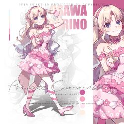  1girl :3 arm_up bare_shoulders blonde_hair blue_eyes blue_hair blush character_name color_guide dress frilled_dress frills full_body gradient_hair hand_up high_heels highres ima_kako_mirai_no_sangenshoku long_hair looking_at_viewer love_live! love_live!_hasu_no_sora_jogakuin_school_idol_club multicolored_hair osawa_rurino pantyhose pink_dress pink_shoes ruoguiling sample_watermark shoes smile solo strapless strapless_dress v v-shaped_eyebrows very_long_hair virtual_youtuber walking watermark white_pantyhose zoom_layer 