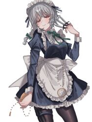  1girl amatukimahoro apron back_bow between_fingers black_pantyhose blue_dress blush bow braid breasts closed_mouth collared_shirt commentary_request dress frilled_dress frills garter_straps green_bow green_ribbon grey_hair hair_bow highres holding holding_knife holding_pocket_watch izayoi_sakuya juliet_sleeves knife knives_between_fingers long_hair long_sleeves looking_at_viewer maid maid_headdress neck_ribbon open_mouth pantyhose pinafore_dress pocket_watch puffy_sleeves red_eyes ribbon shirt simple_background skindentation sleeveless sleeveless_dress small_breasts smile solo thigh_strap touhou twin_braids waist_apron watch weapon_in_garters white_apron white_background white_bow white_shirt 