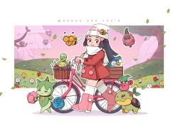  1girl :> =_= bag basket beanie bicycle bicycle_basket black_eyes black_hair blue_flower blue_rose blush blush_stickers boots budew burmy burmy_(trash) cherubi closed_eyes closed_mouth clouds combee commentary drifloon english_commentary eyelashes flower grass hair_ornament hairclip hat hat_flower highres hikari_(pokemon) holding_handlebar in_basket in_container jacket leaf long_hair long_sleeves on_head open_mouth outdoors outline pink_boots pink_flower pink_rose piplup pokemon pokemon_(creature) pokemon_diamond/pearl/platinum pokemon_on_head pokemon_platinum poketch purple_flower red_flower red_jacket rose roselia_(pokemon) scarf sky smile soanjaconnac socks starly tree turtwig twitter_username walking watch watch white_bag white_flower white_hat white_outline white_scarf white_socks yellow_flower 
