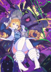  bangboo_(zenless_zone_zero) blonde_hair blue_coat blue_jacket coat explosion explosion_background gloves grey_hat grey_helmet hat helmet highres jacket large_hat norma_hollowell shako_cap tam-u thigh-highs violet_eyes white_gloves white_thighhighs zenless_zone_zero 
