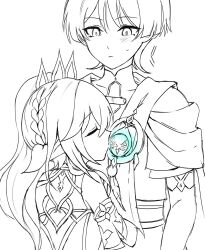  1boy 1girl anemo_symbol_(genshin_impact) arm_at_side armlet blunt_ends bodysuit braid choppy_bangs closed_eyes closed_mouth commentary_request covered_collarbone detached_sleeves dress facing_another feathers genshin_impact glowing_gem greyscale hair_ornament half_crown_braid height_difference hetero highres holding japanese_clothes jewelry kimono kissing_object korean_commentary layered_sleeves leaf leaf_hair_ornament light_blush long_hair looking_at_another mandarin_collar monochrome nahida_(genshin_impact) pointy_ears pom_pom_(clothes) scabu scaramouche_(genshin_impact) short_sleeves side_cape side_ponytail sidelocks spot_color sweatdrop tsurime vision_(genshin_impact) wanderer_(genshin_impact) white_background 