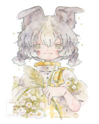  1girl animal_ears apron blush_stickers bow braid buttons closed_mouth commentary_request cropped_torso dog_ears fang fang_out flower freckles frills green_eyes grey_hair high_collar highres holding_wheat multicolored_hair mura_(yoshishi_ff) original painting_(medium) plaid_apron plaid_bow plaid_clothes puffy_sleeves shirt smile solo tareme three-quarter_sleeves traditional_media twin_braids two-tone_hair watercolor_(medium) watermark white_background white_flower white_hair white_shirt yellow_apron yellow_bow 